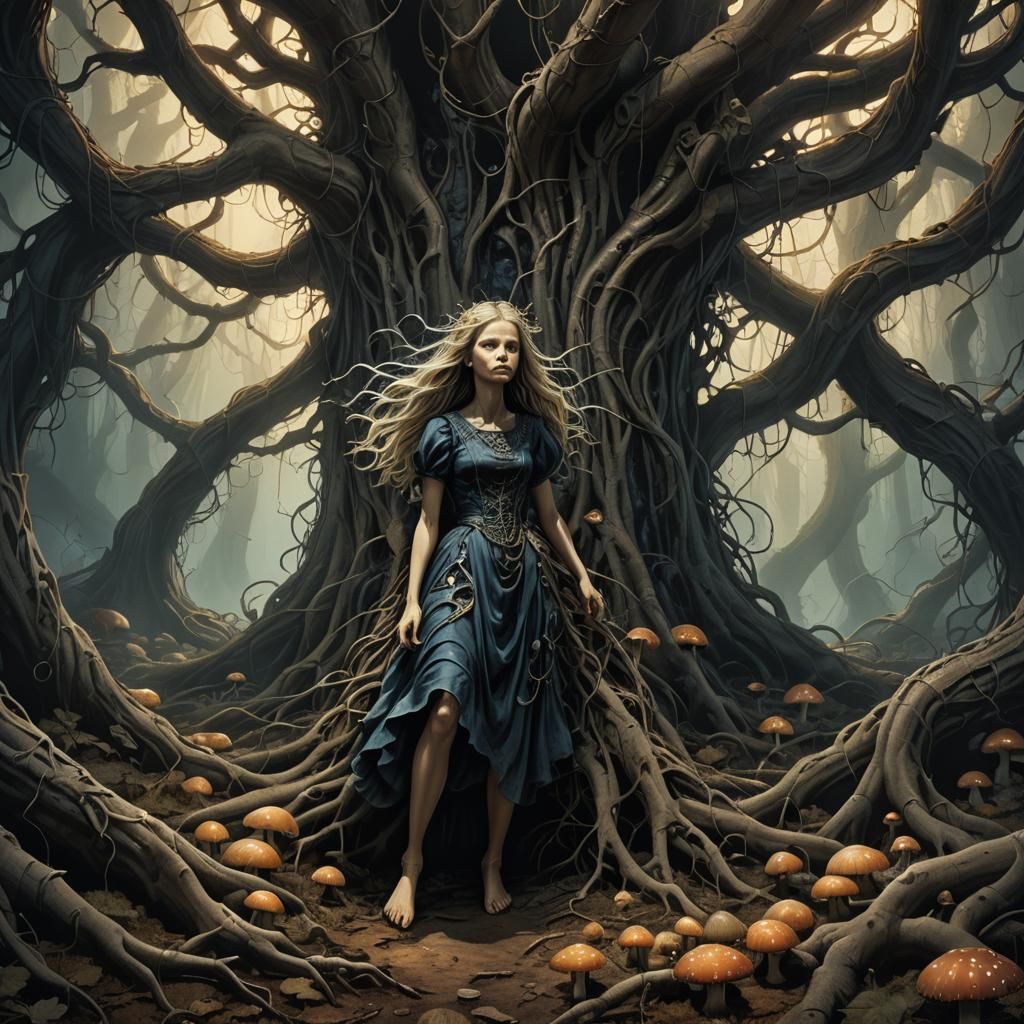 Surreal Fantasy Scene of Alice in a Twisted Wonderland