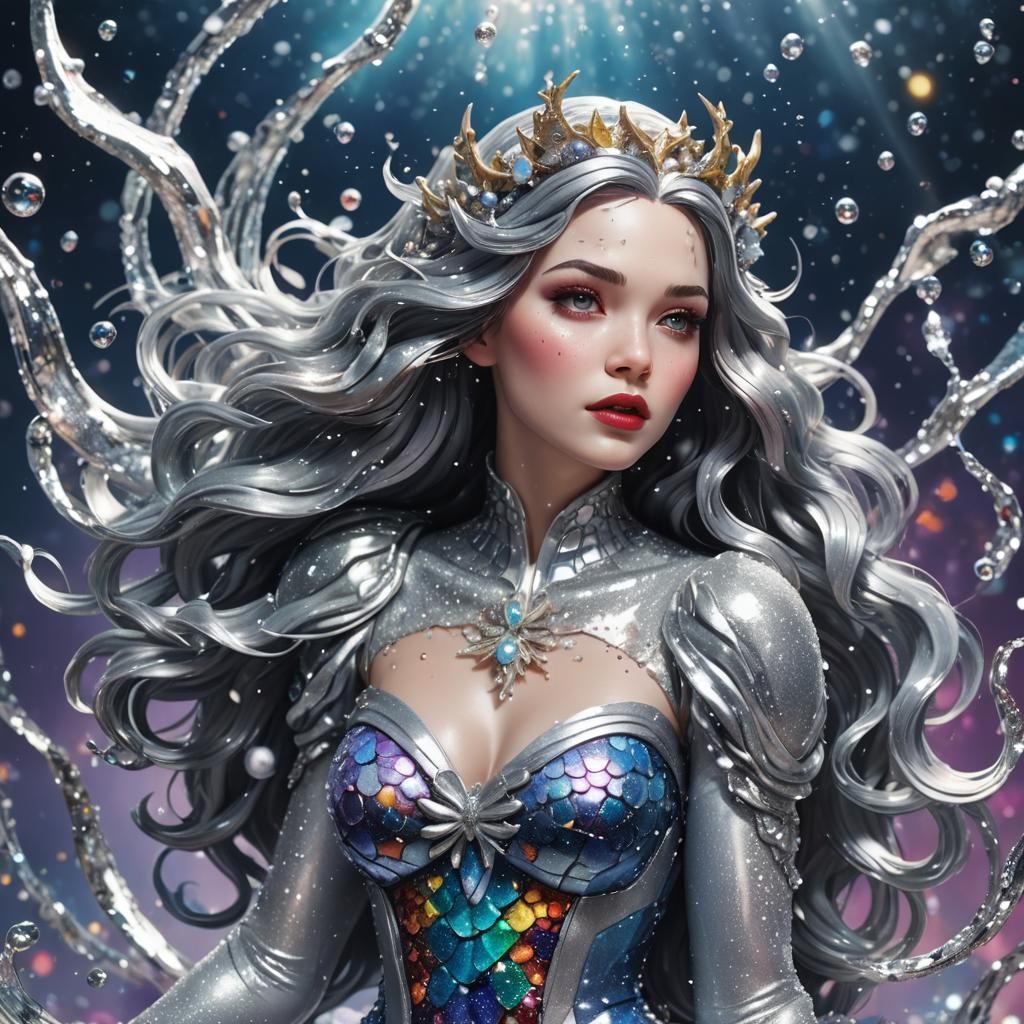 Hyperrealistic Space Mermaid in Silver Sparkle Attire