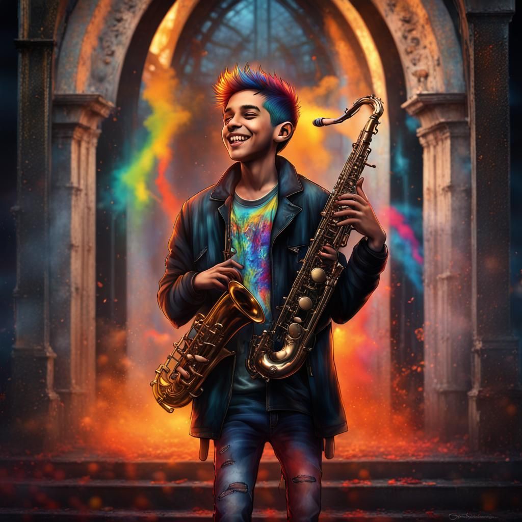Joyful Young Saxophonist in Vibrant Dark Fantasy