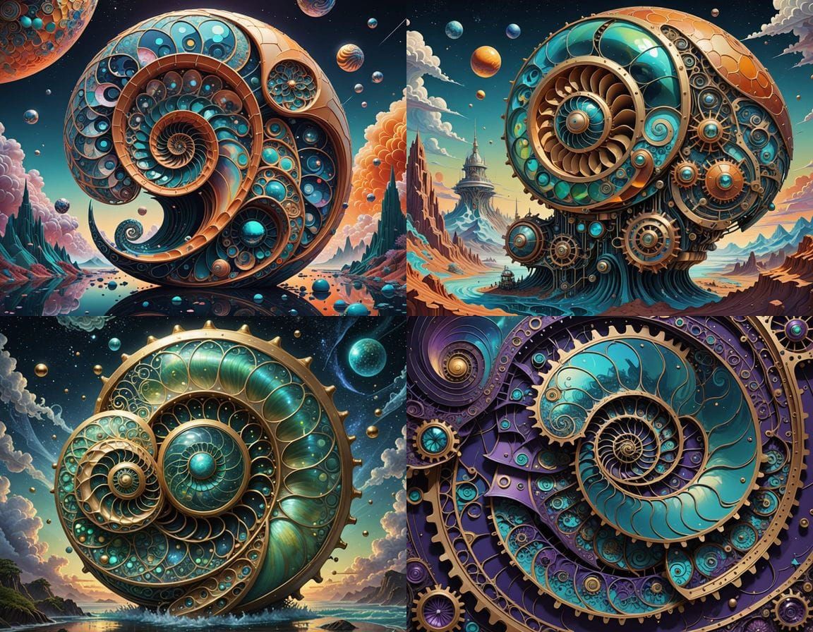Surreal Steampunk Space Ship in Cosmic Fractal Landscape