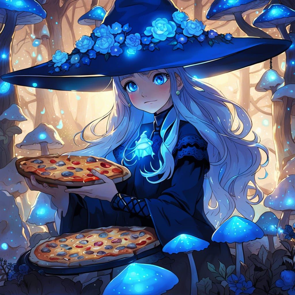 Mystical Blue Mushroom Witch Radiates Pizza Magic