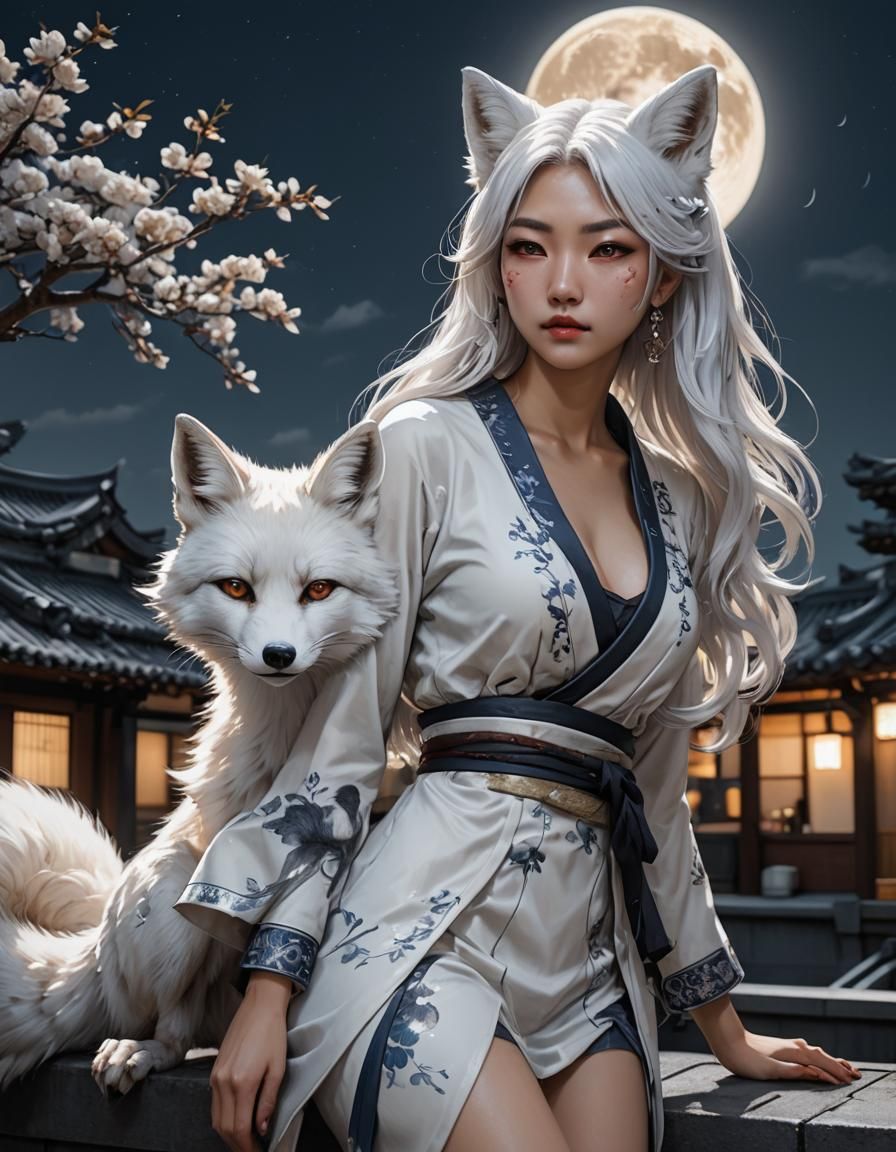 Japanese Fox Spirit Girl Under the Full Moon