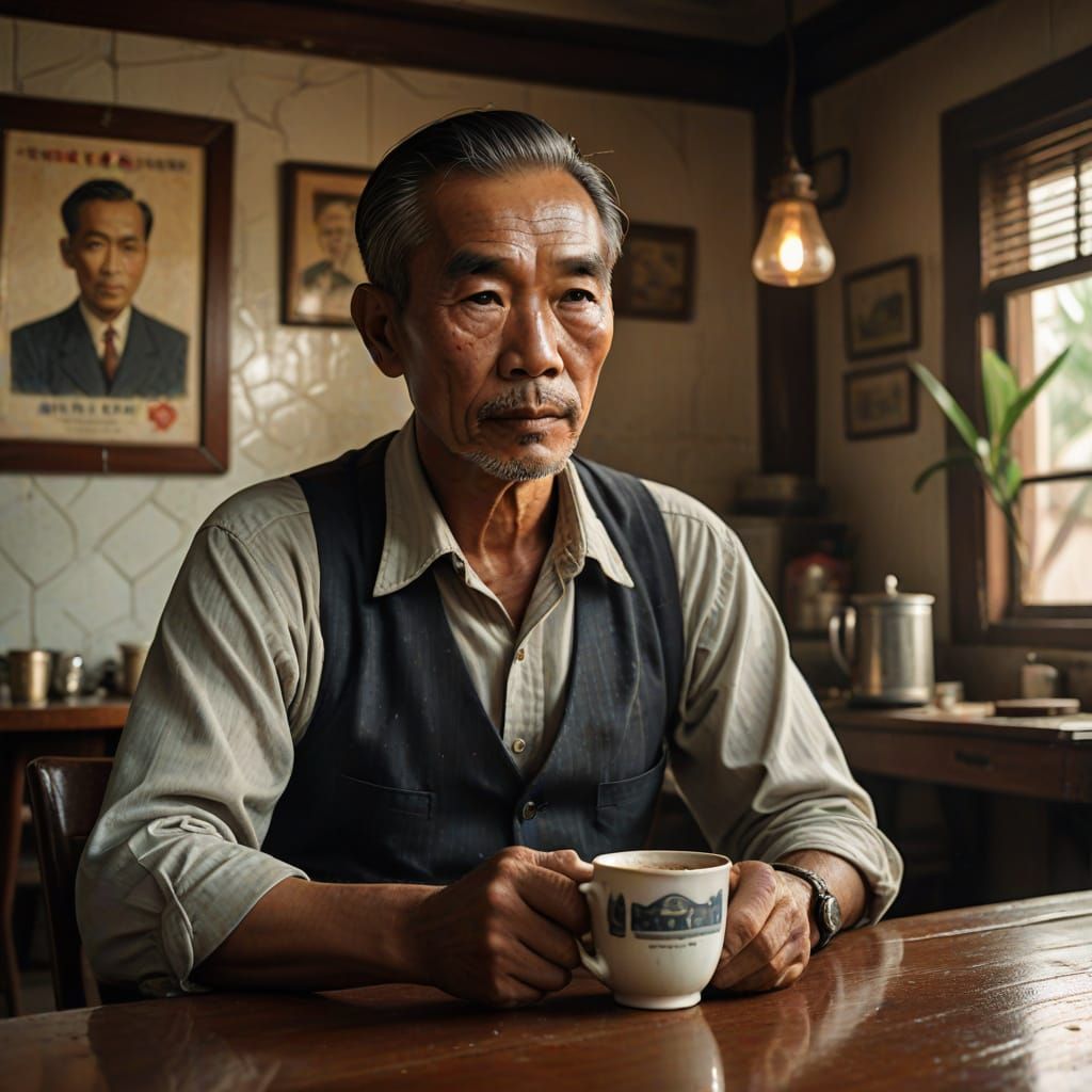 A contemplative Malaysian man savors kopi in a 1950s kopitia...