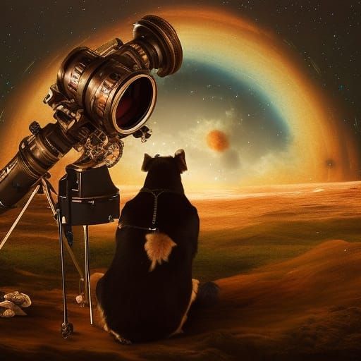 Dogs Watch Stars with Telescope in Detailed Matte Painting