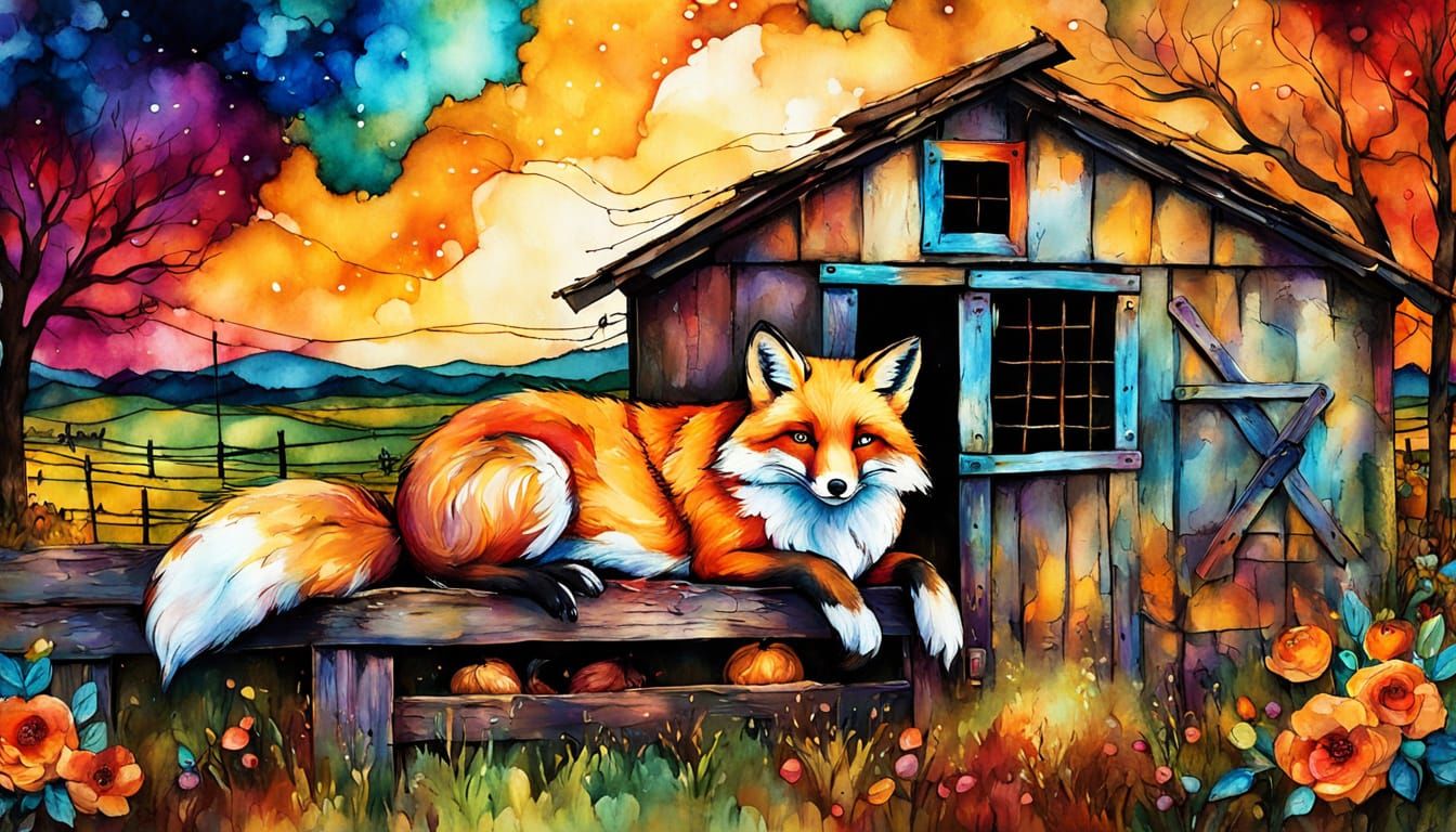 Fox on Chicken Coop in Alcohol Ink Style