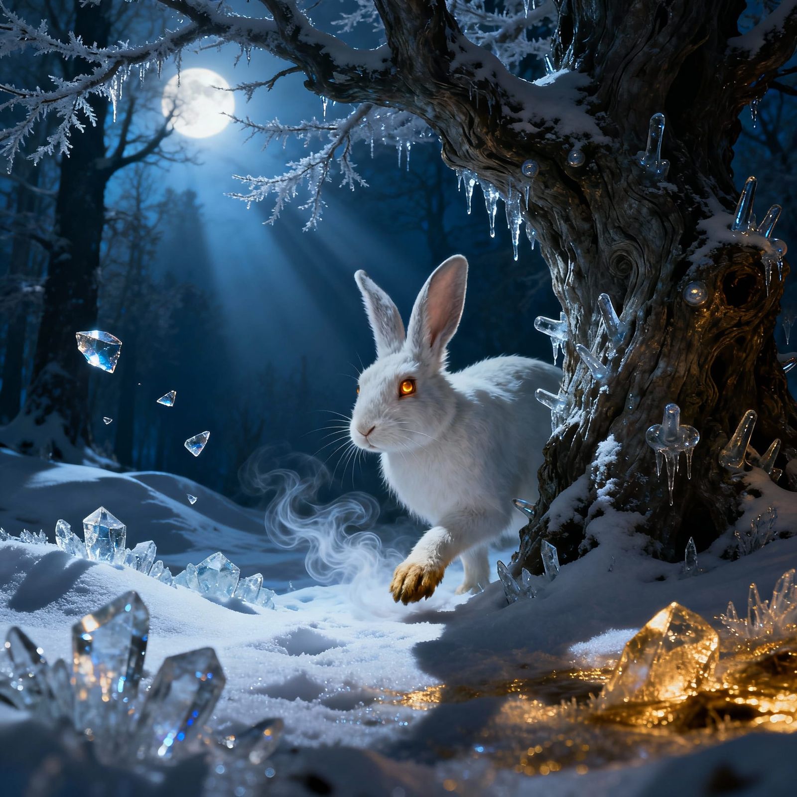 Mystical Rabbit Emerges in Moonlit Snowy Forest