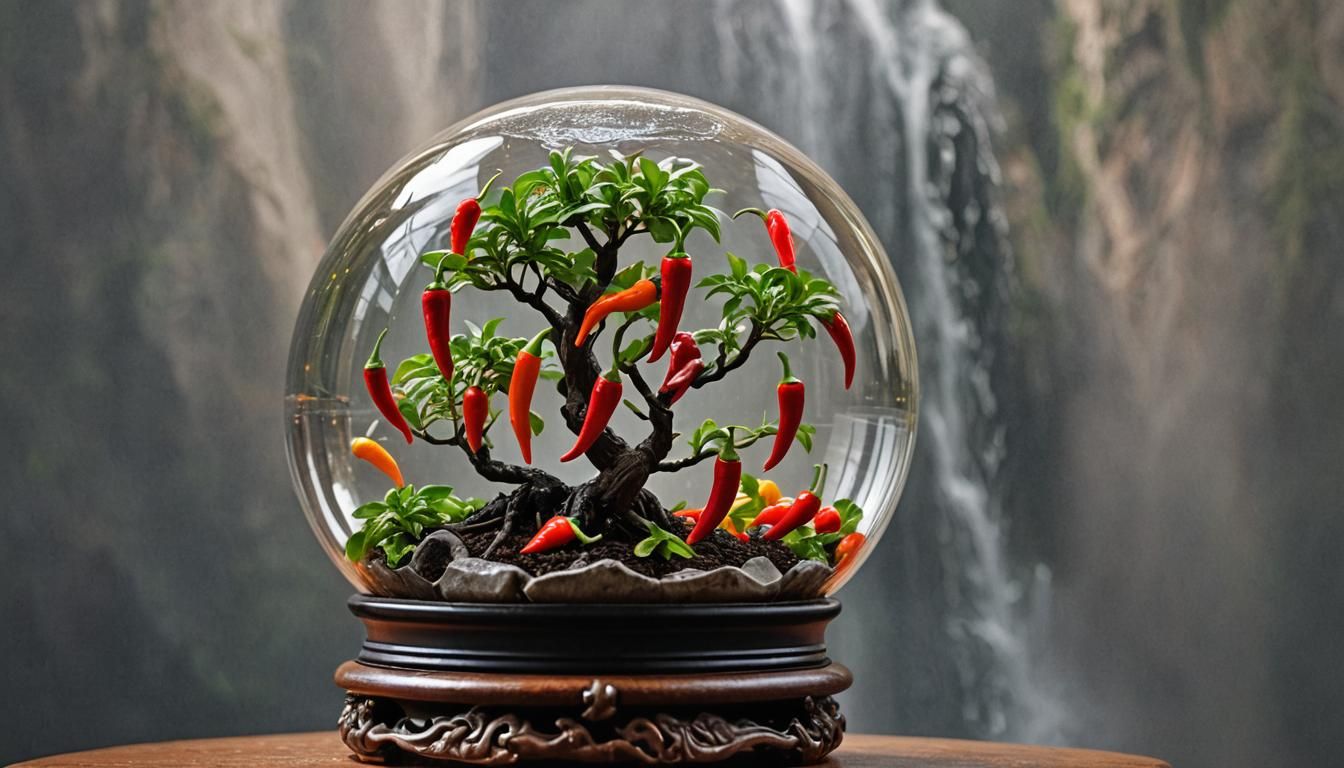 Colorful Chili peppers bonsai in a glass globe with waterfal...