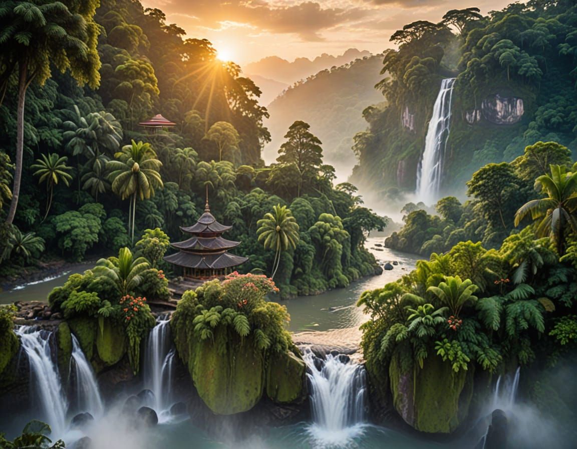 Lush Rainforest Temple at Sunrise: Professional Photography