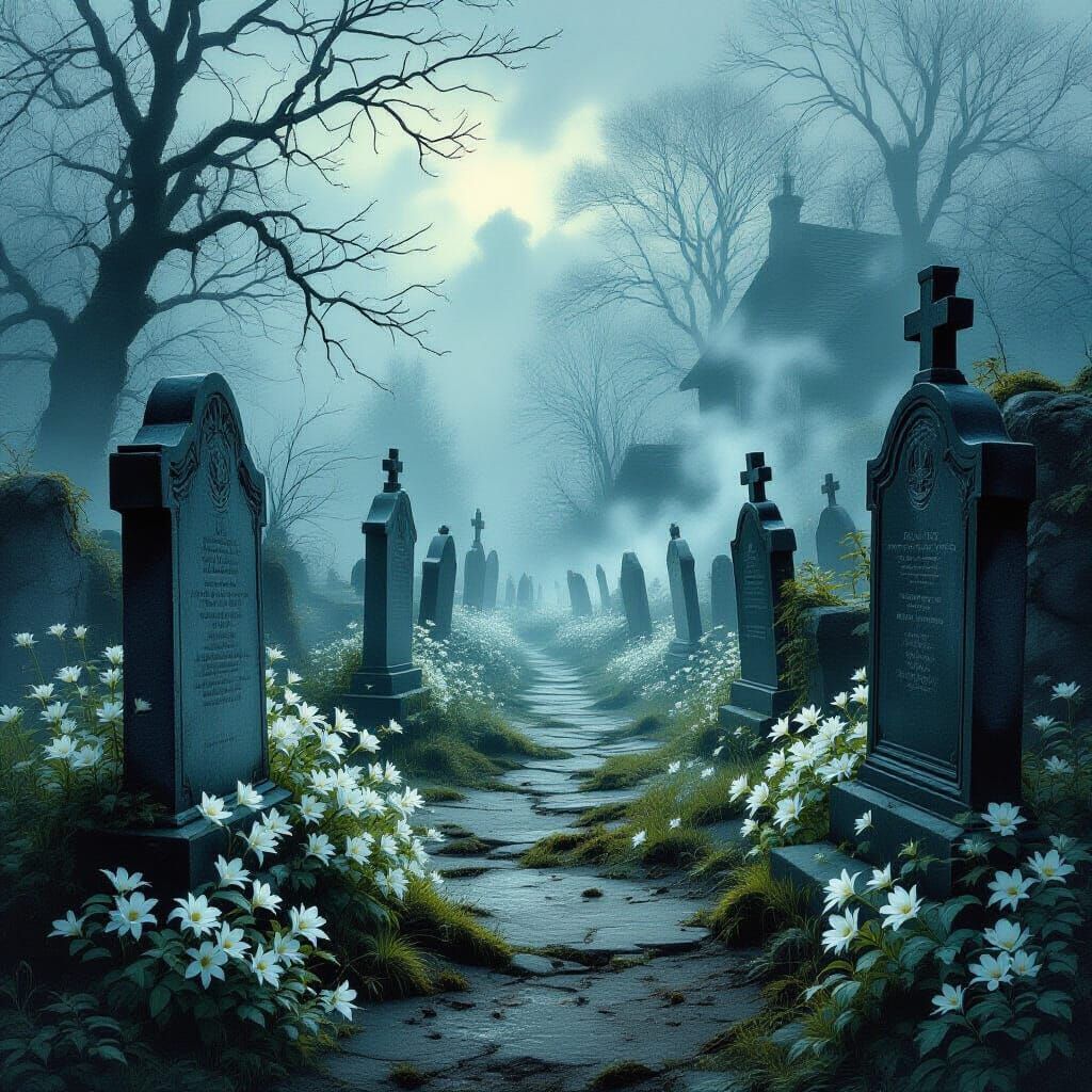 "Painted on a wood panel in haunted realism style, a cemeter...