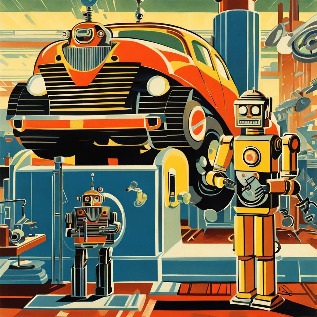 Robotic Mechanic in a Radiant Futuristic Workshop