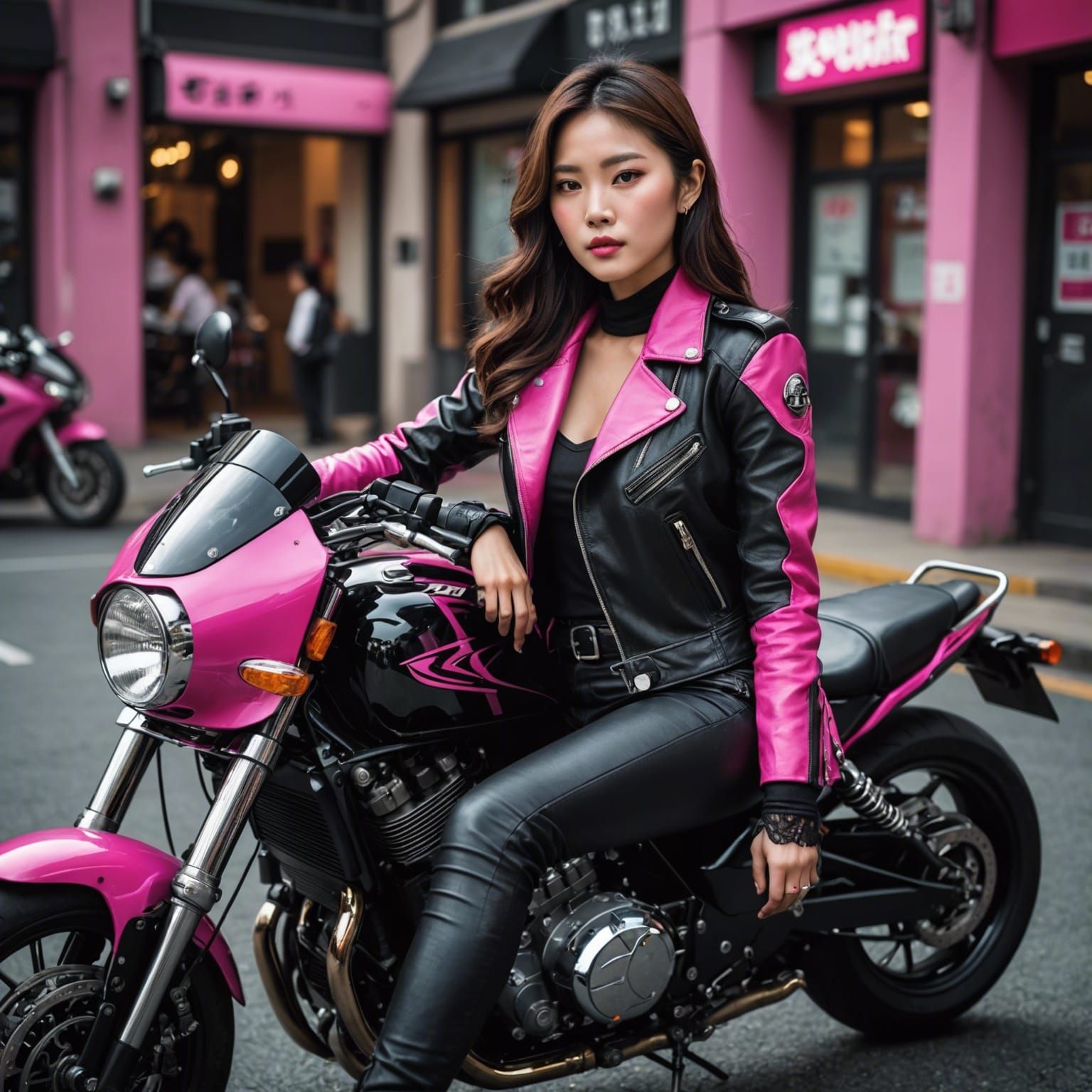 Korean Woman Riding a Hot Pink Motorcycle