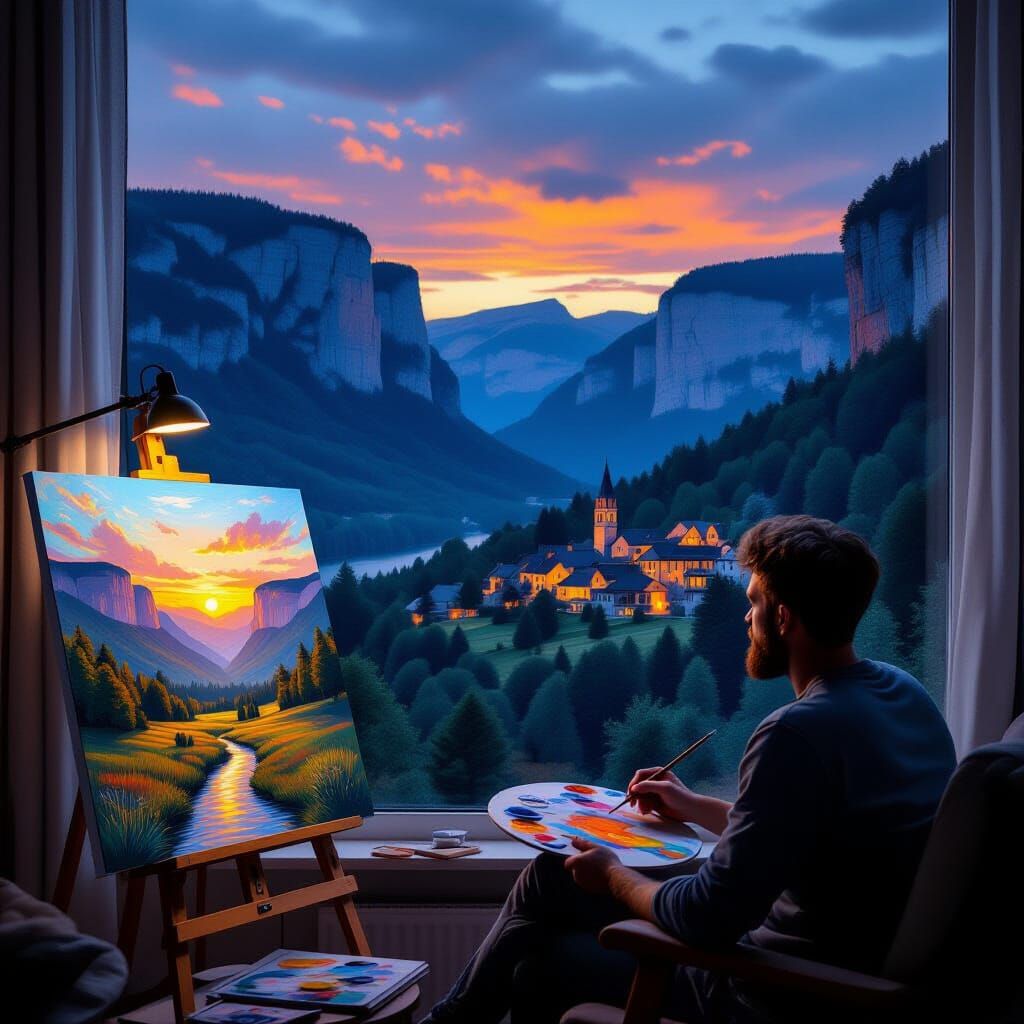 Artist Paints Village View on Canvas with Orange Lights