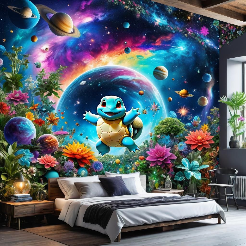 Ethereal Squirtle Fairy in Cosmic, Hyperrealistic Mural