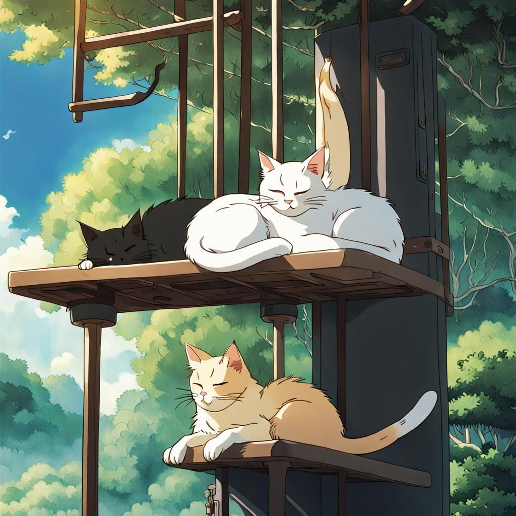 Whimsical Cats on Elegant Cat Tree