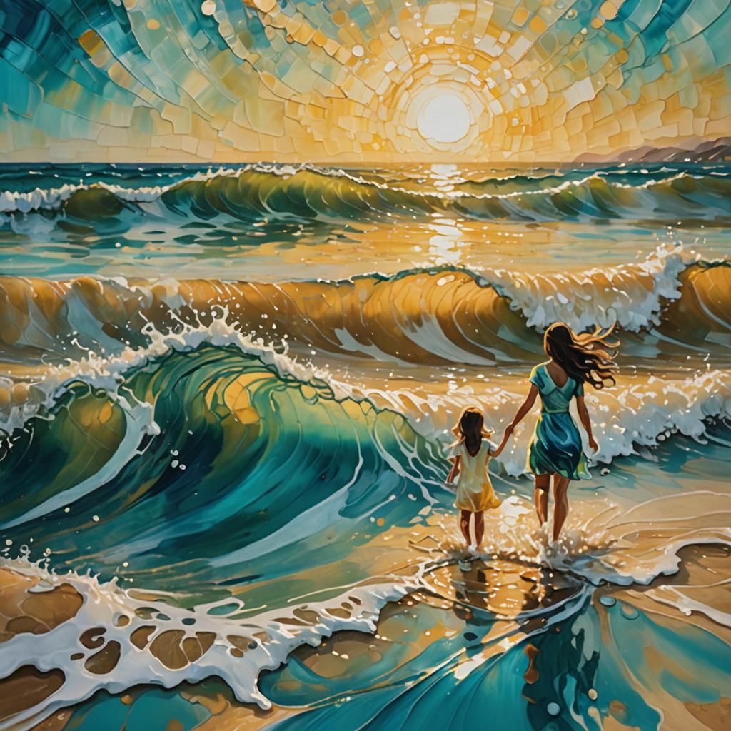 Vibrant Turquoise and Yellow Waves in Intricately Detailed A...