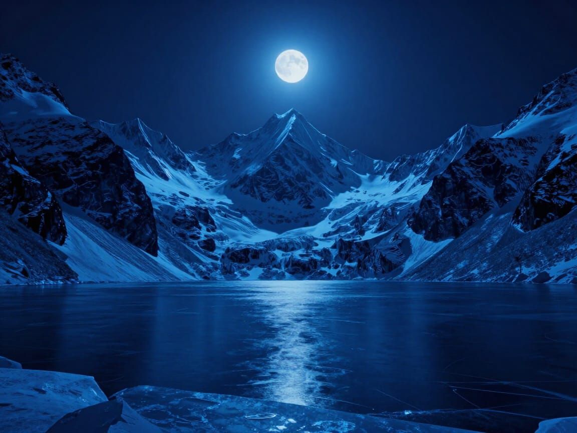Monochromatic Blue Mountain Lake Digital Painting