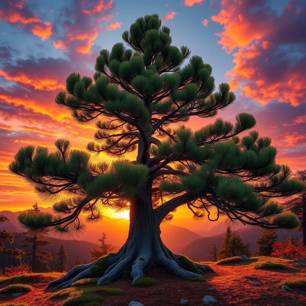 Regal Spruce Tree in Vibrant Sunset Landscape