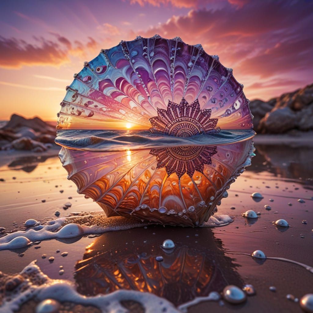 Vibrant Seashell with Iridescent Water and Pearls