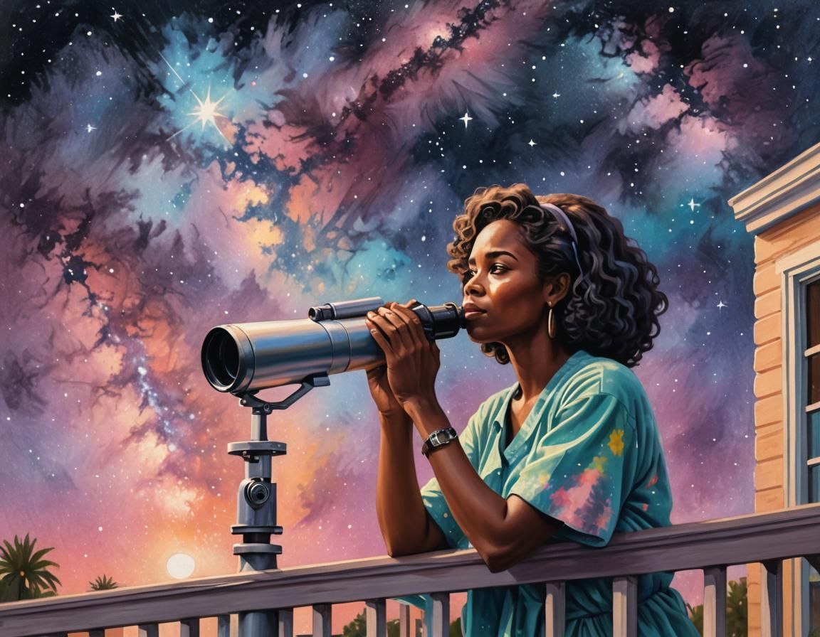 African American Woman Stares at Vibrant Stars in the Night....