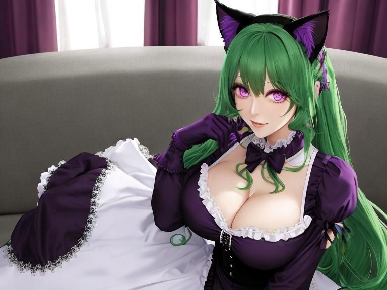 Cat-Girl Maid with Green Hair and Purple Eyes