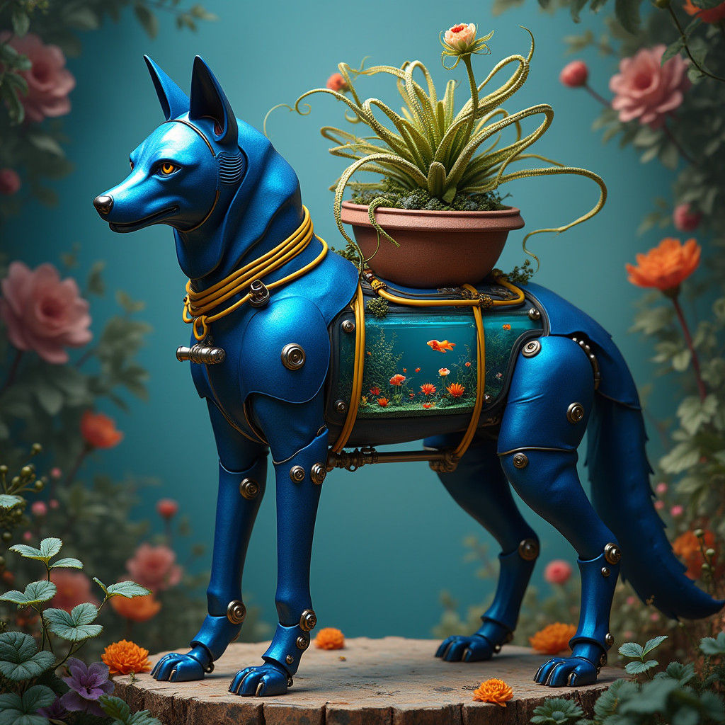 Metallic Blue Robotic Wolf Aquarium Sanctuary
