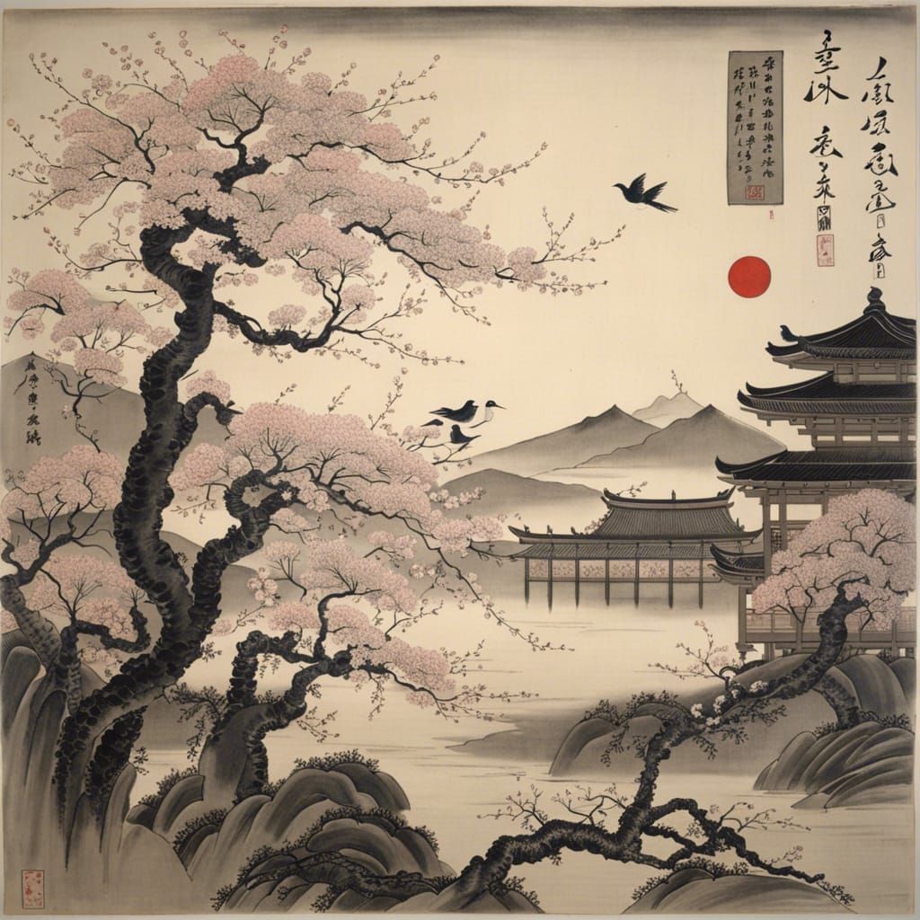 Blossoming Moonlit Landscape in Traditional Japanese Style
