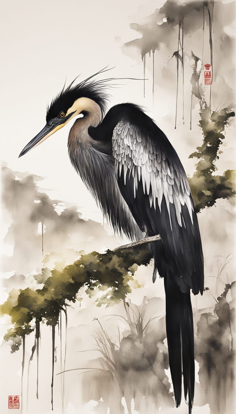 Anhinga Portrait in Chinese Ink Wash Style