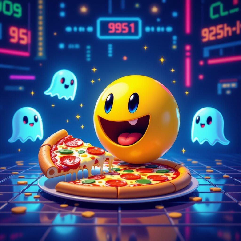 Pizza Transforms into Pac-Man in Retro Arcade Scene