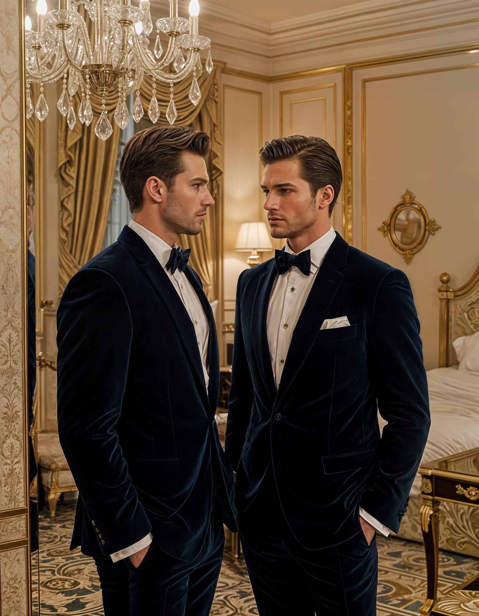 Handsome Model in Velvet Suit Reflects in Opulence