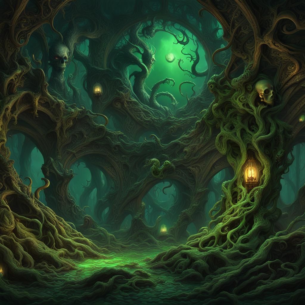 Dark Fantasy Masterpiece: Swirling Skulls in Green Hellfire