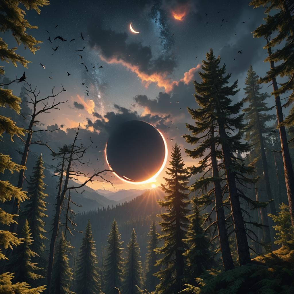 Solar Eclipse in Majestic Coniferous Forest