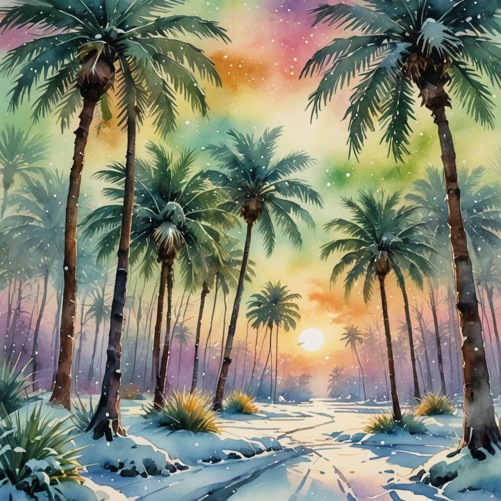 Dreamy Palm Trees Under Snowy Dawn