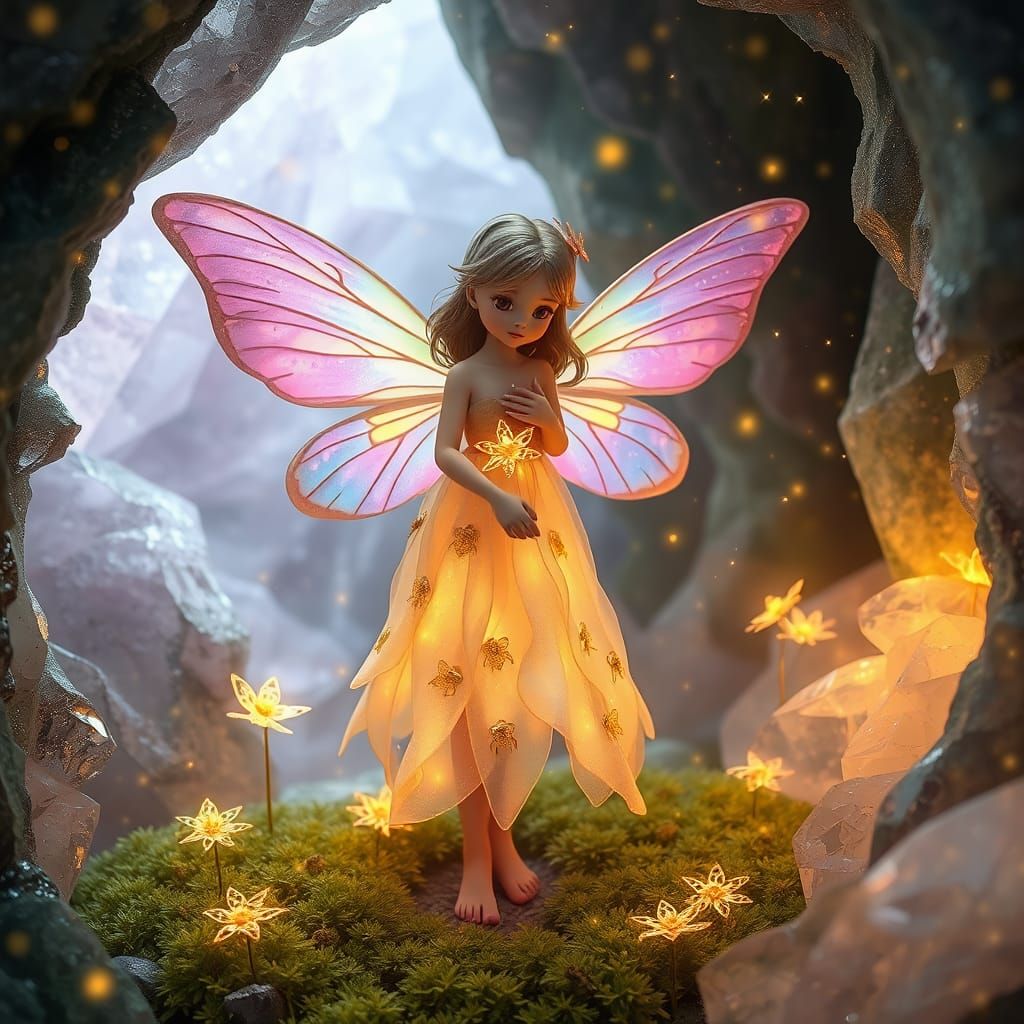 Ethereal Fairy in Crystal Cave with Golden Ladybugs