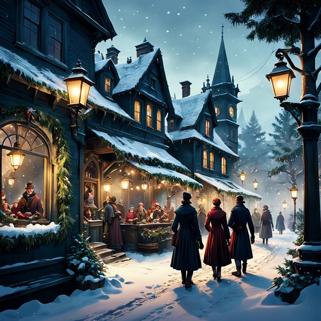 Victorian Christmas Village Scene in Whimsical Realism