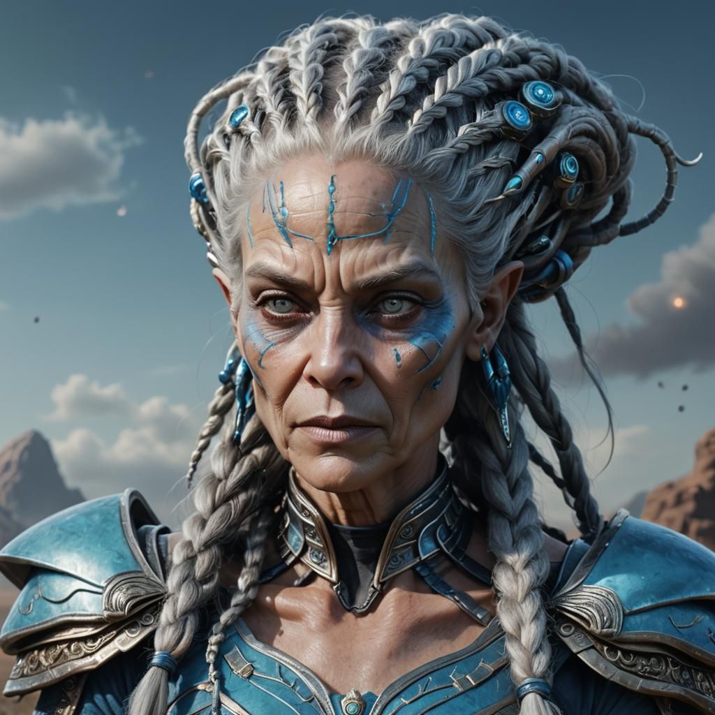 Glowing Blue Skinned Warrior Queen in Ancient Splendor