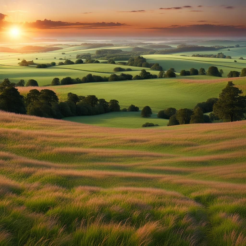 Summer Sunset Meadow in English Coastal Landscape