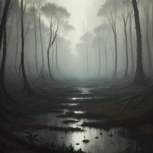 Barren Wasteland with Desolate Forest and Muddy Watercourse