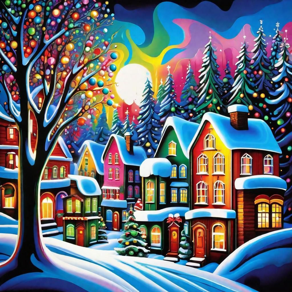 Whimsical Christmas Village in High Contrast Polychromatic C...