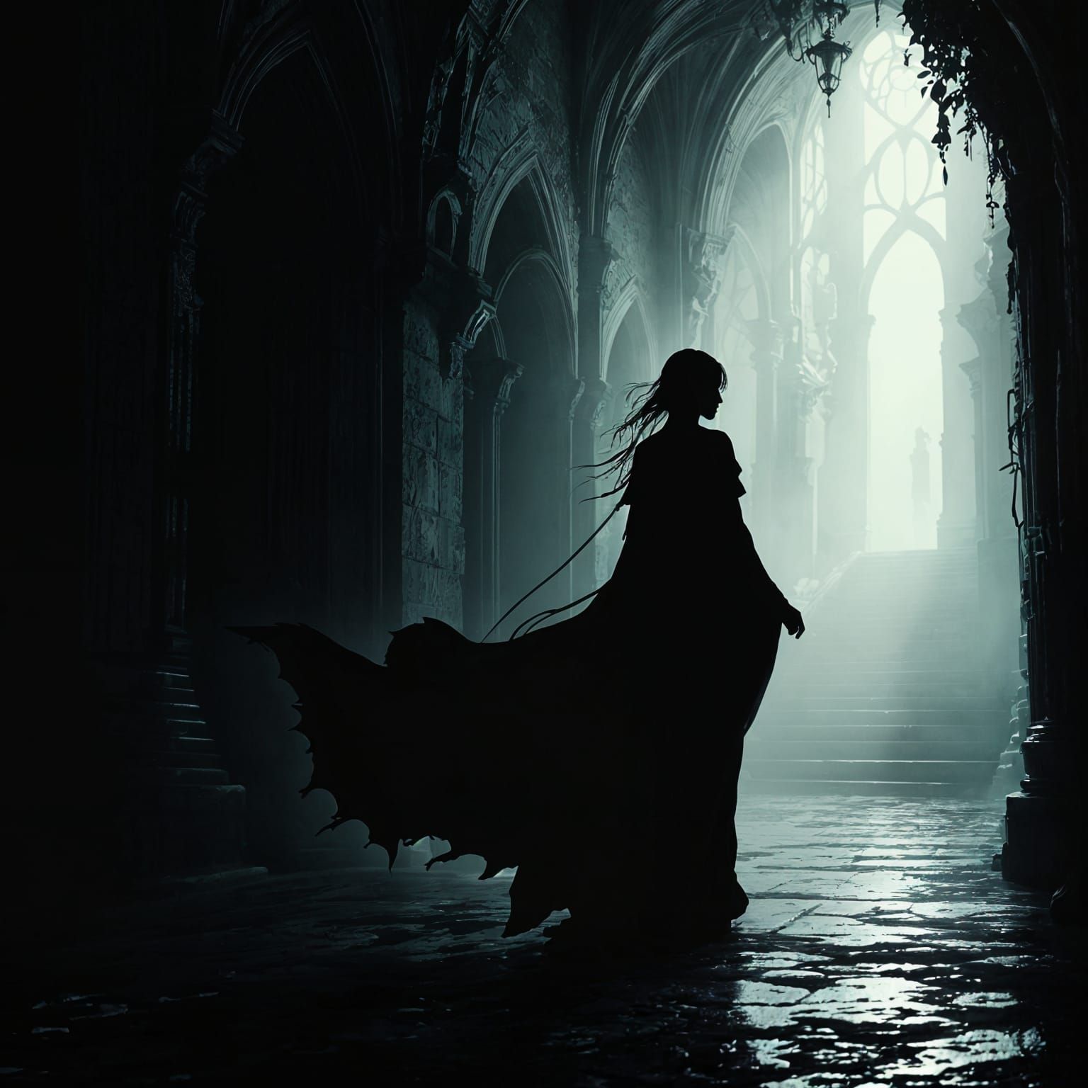 Dark Fantasy Silhouette of a Female Wizard in a Corridor