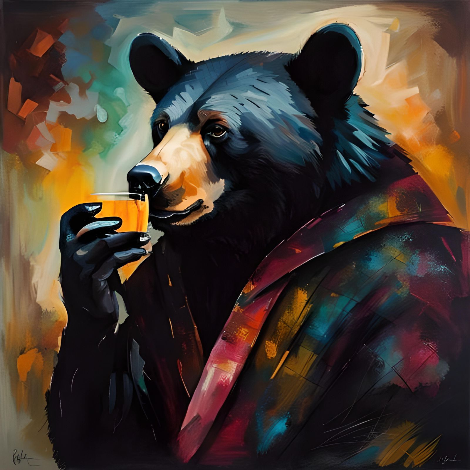 Mysterious Bear Sips Whisky in a Cozy Study