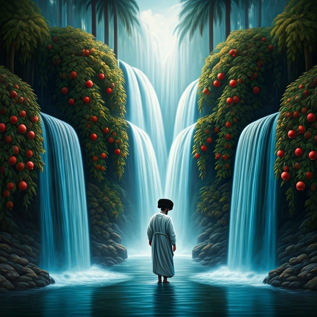 Jewish Figures Walk Serenely Between Majestic Waterfalls wit...