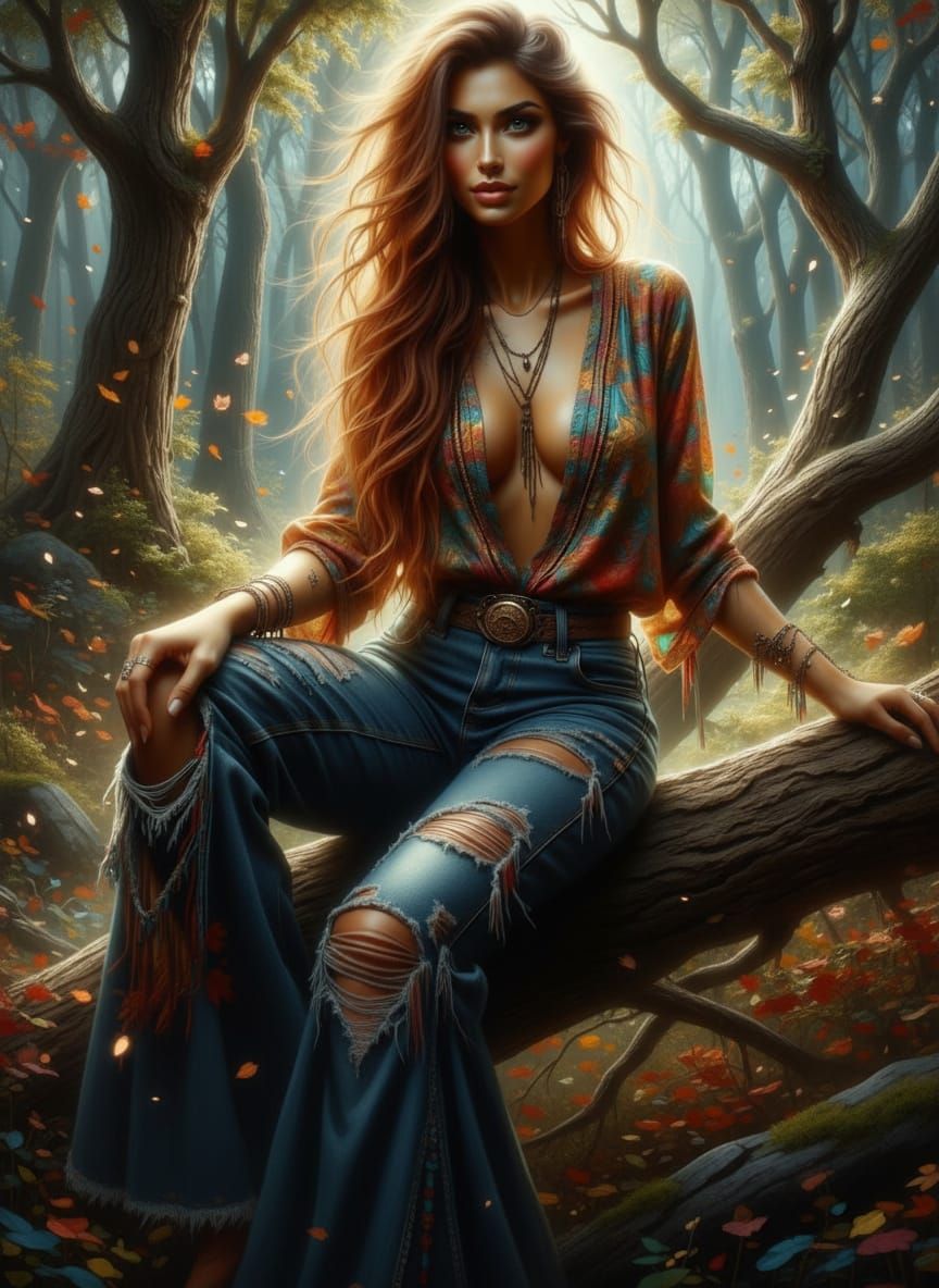 Fantasy Hippie Woman in Enchanted Autumn Forest