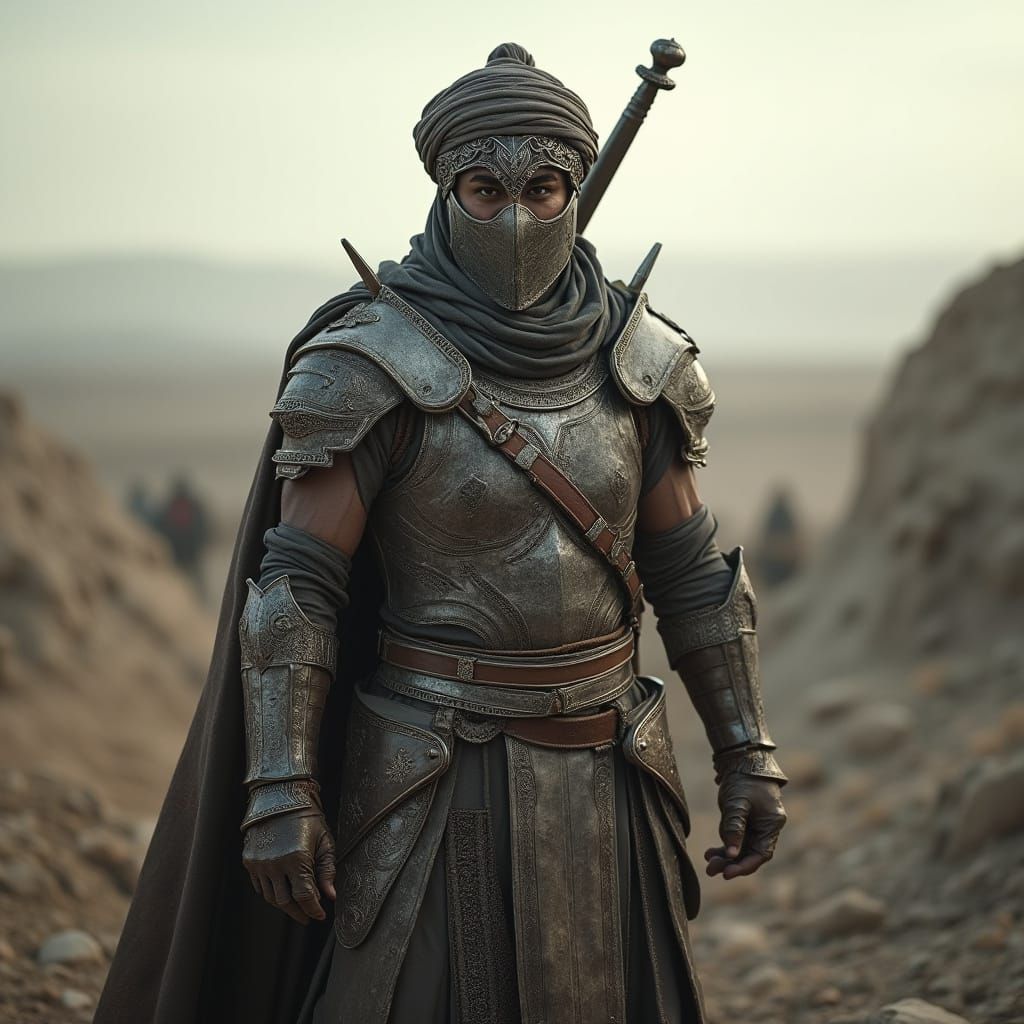 Intense Persian Warrior in Battle-Hardened Armor