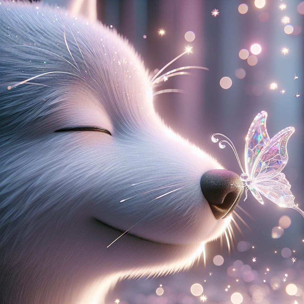 Pastel Garden Magic: Crystal Butterfly Touches Adorable Wolf...