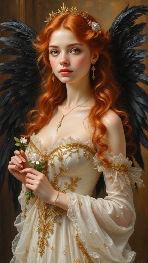 Angel in Victorian Lace Dress Holding Flower