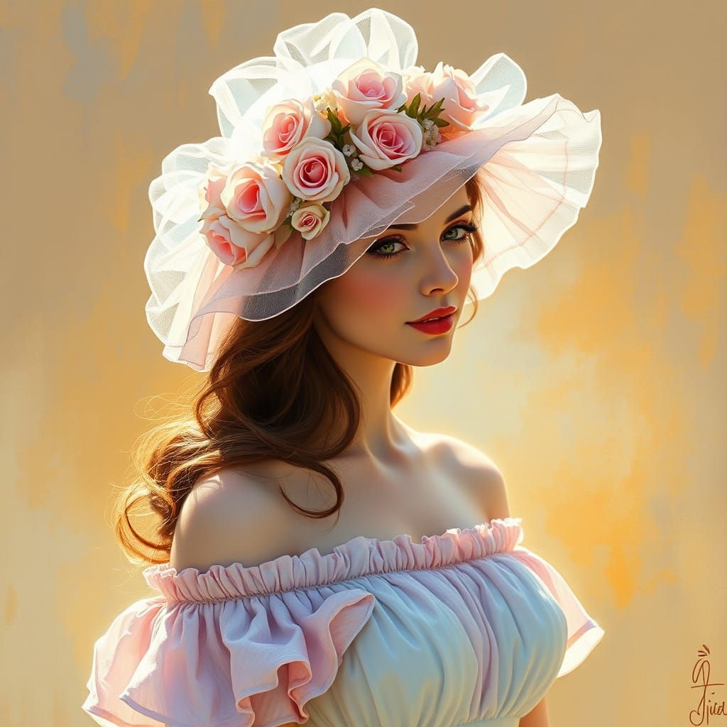 Woman in a Pastel-Colored Off-the-Shoulder Dress with Floral...