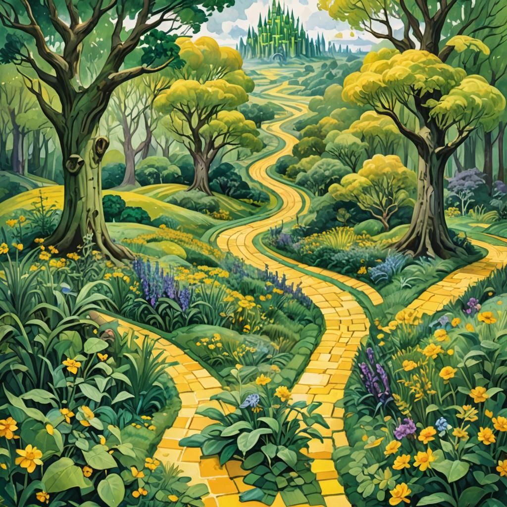 Epic Gouache Masterpiece of Emerald City on the Yellow Brick...