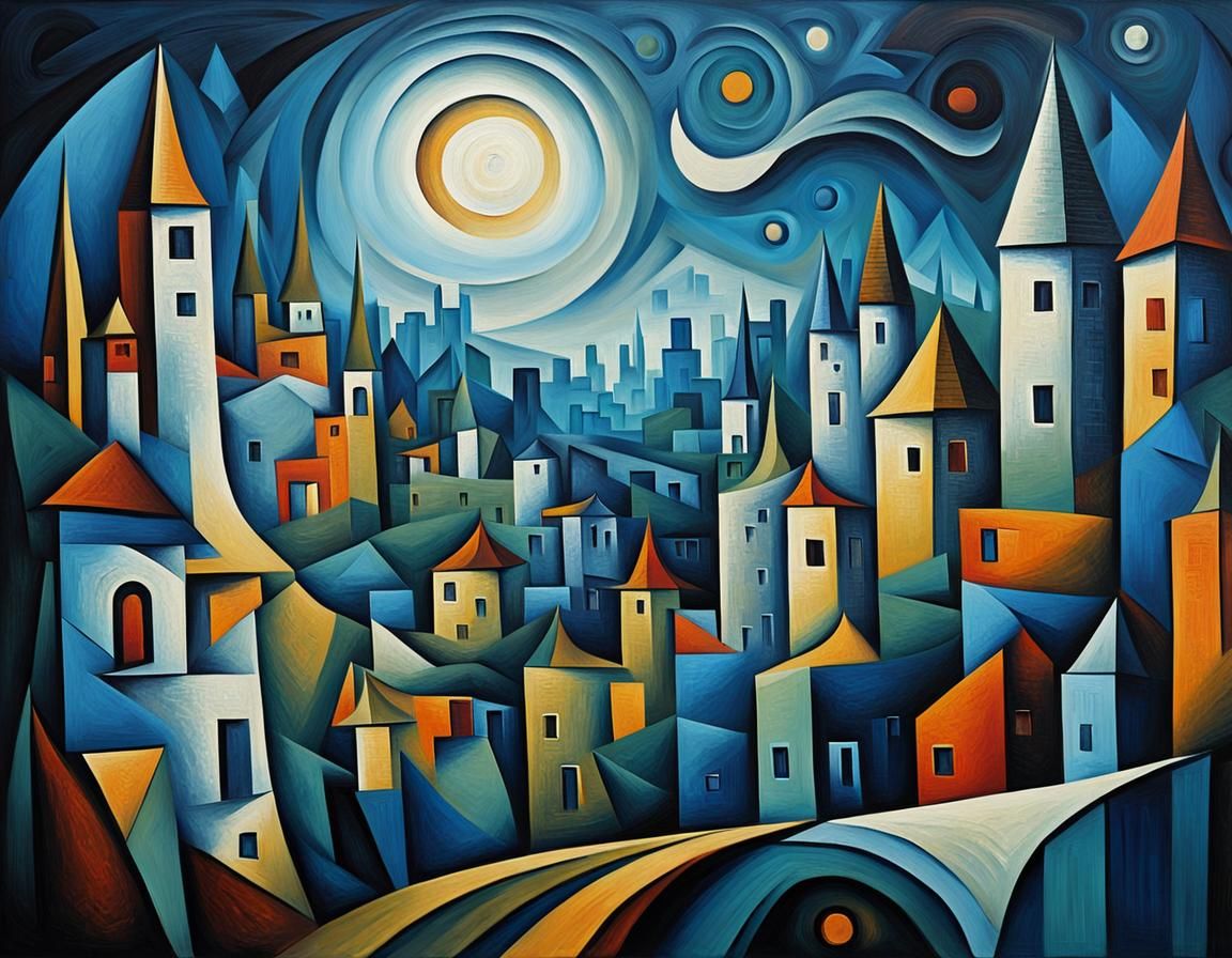 Dreamlike Cubist Cityscape in Vibrant Oil