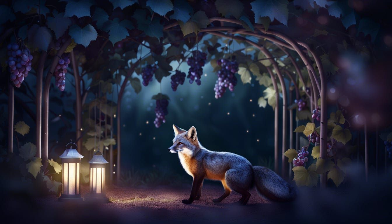 Gray Fox Under Moonlit Grape Arbor in a Magical Backyard