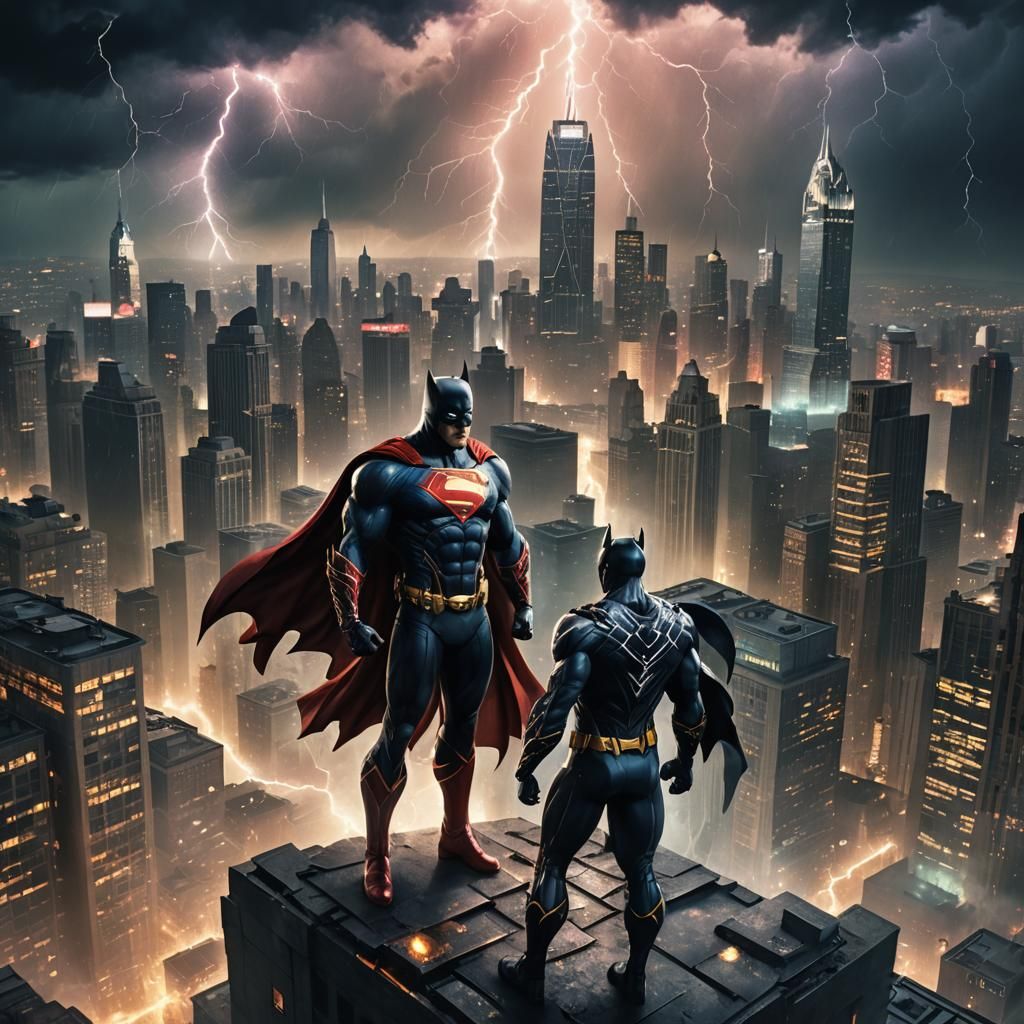 Majestic Superheroes in Gotham Cityscape